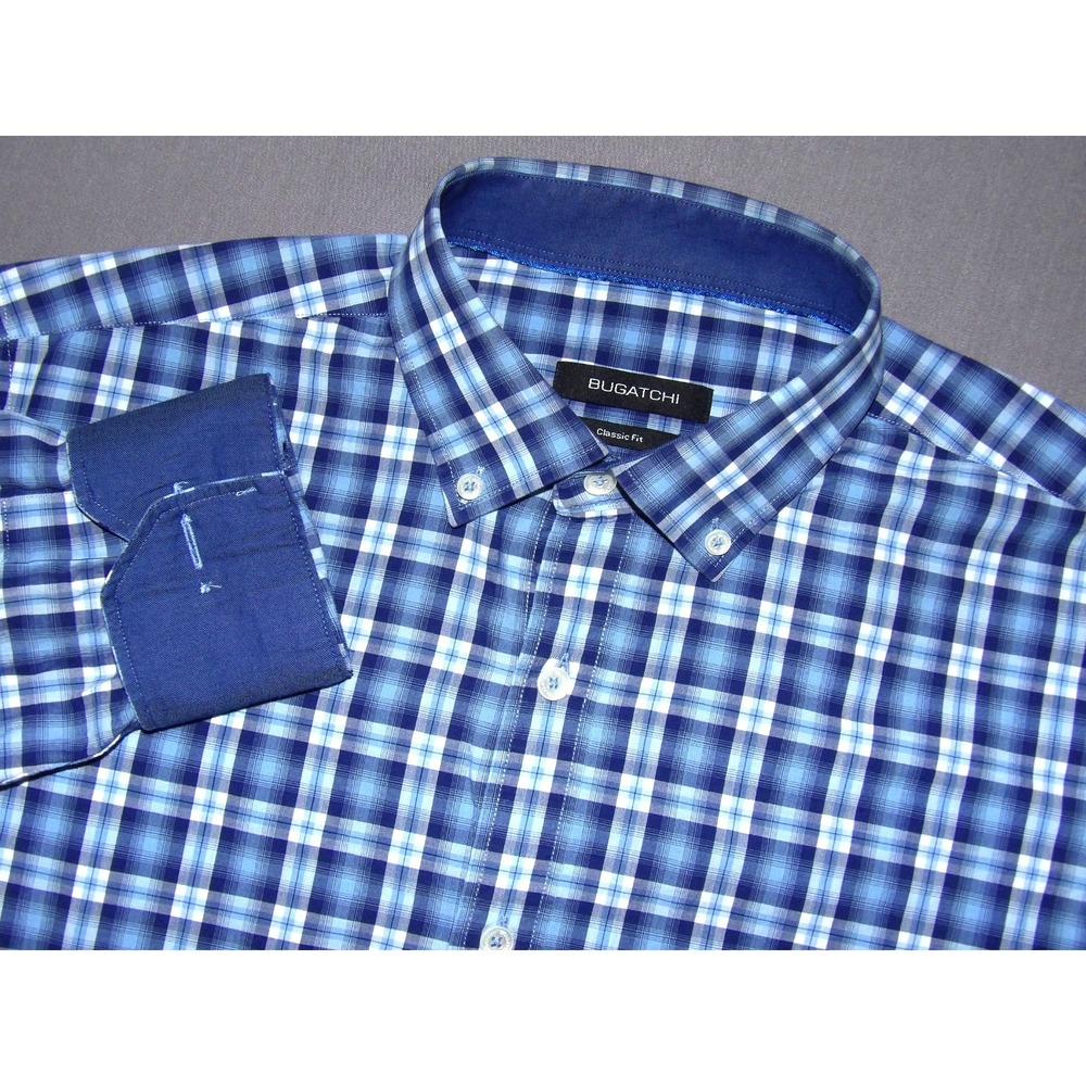 BUGATCHI Classic Fit Flip Cuff Blue Plaid Button Up Shirt Men's Large